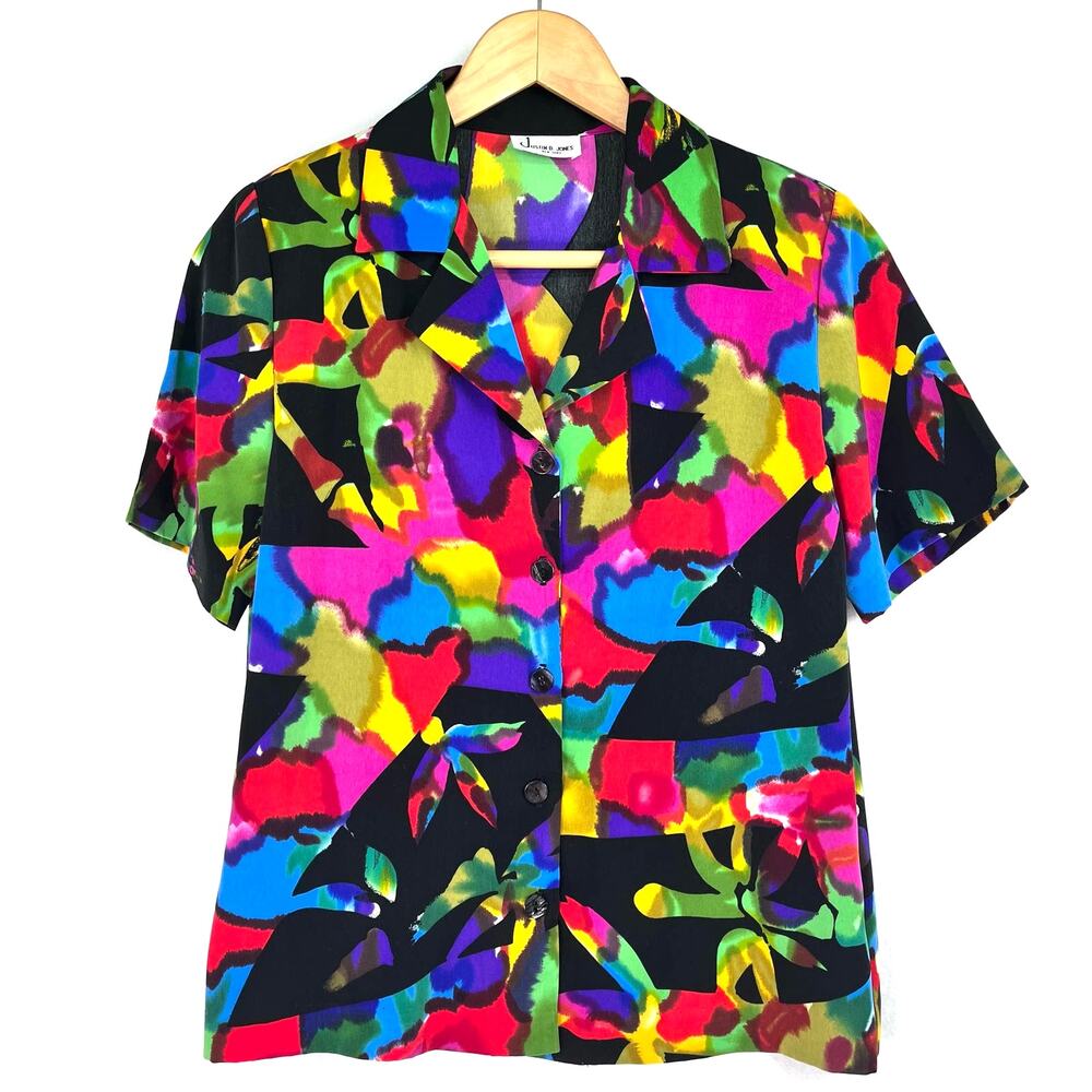Vintage 90s Pop Art Hawaiian Shirt Sz S Geometric Colorful Island Neon Top Rave